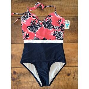 NWT Womens Sea Angel Coral Peach Black Floral Halter One Piece Swimming Suit‎ M